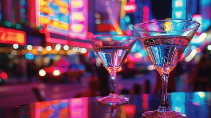 Neon signs light up a bustling nightlife scene, reflecting in glittering martini glasses.