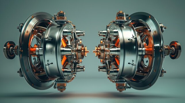 Two Electric Motors Spinning in Close Succession, in the Style of Futuristic Imagery, Precision Engineering, Caffenol Developing, Luminous Quality, Precise Detailing