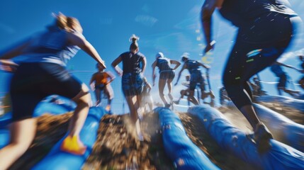 Wall Mural - Fastmoving blurs of people as they tackle obstacles and complete physical challenges.