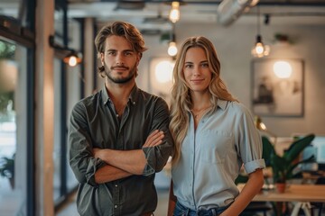 two business people standing together in an office, generative ai