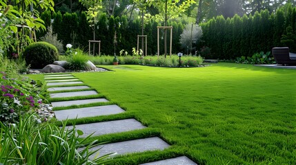 Wall Mural - Decorative lawns with graceful stone paths surrounded img