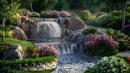 Poster - Landscape with a decorative waterfall and natural