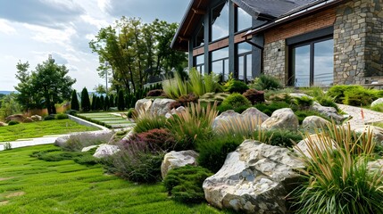 Poster - Landscape design with picturesque stone hills planted img