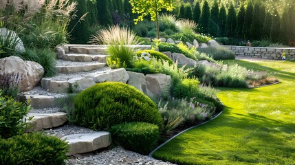 Sticker - Landscape design with picturesque stone hills planted picture