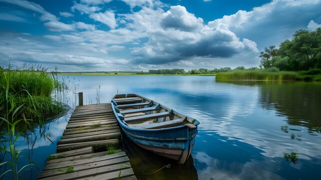 Old wooden row boat on the lake