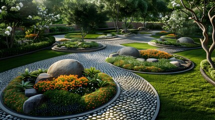 Canvas Print - Landscape design with round flower beds picture