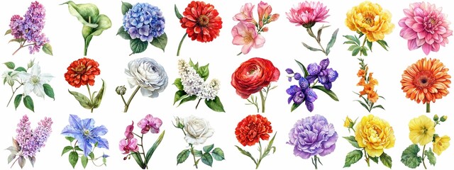 Wall Mural - Watercolor flower set isolated background. Various floral collection of nature blooming flower clip art illustration element for retro flora wedding or romantic valentine card. crisp edges cut out.