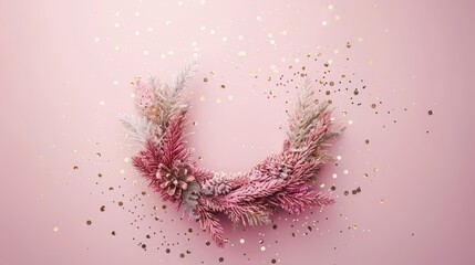 Sticker - Minimalist Christmas wreath with gold confetti on pastel pink