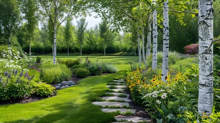 Wall Mural - A tree garden with rows of birch img