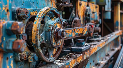 Rusty old factory machines with broken parts