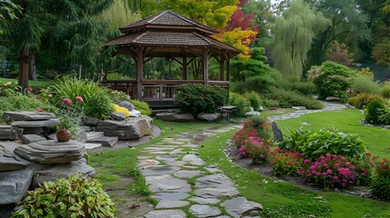 Poster - A rock garden with stone paths leading picture