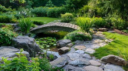 Canvas Print - A rock garden with stone bridges spanning