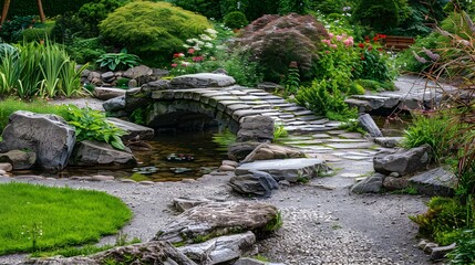 Sticker - A rock garden with stone bridges spanning picture