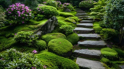 Poster - A moss garden with rock slides covered picture