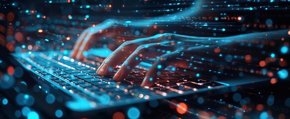 Cyberpunk Hands Typing on a Laptop Keyboard