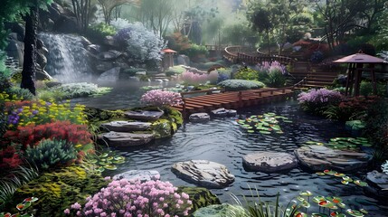 Sticker - A garden with ponds on a hillside picture