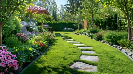 Wall Mural - A trimmed lawn with colored stones picture