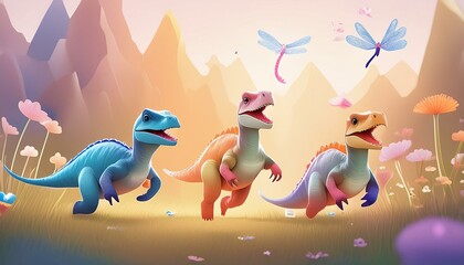 AI Generative of three baby dinosaurs were running and chasing each other in the green park, there were dragonflies perched on the grass in the bright morning