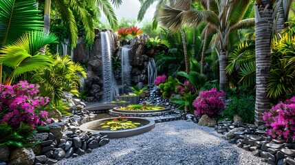 Wall Mural - Tropical garden with palm trees and blooming picture