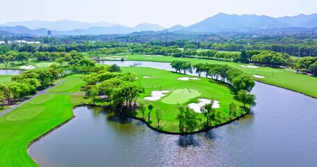 Wall Mural - Aerial view of green grass and trees on a golf fields. green golf course in Hangzhou. leisure sport.
