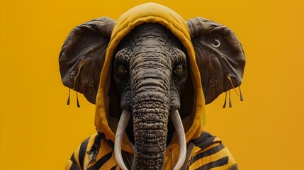 Wall Mural - Anthropomorphic Elephant Wearing Street Fashion on Yellow Background