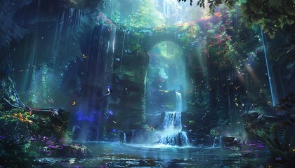 Poster - enchanted waterfall in a mystical forest