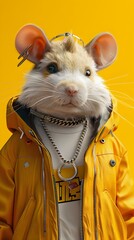 Wall Mural - Anthropomorphic Hamster Model in Stylish Street Wear Outfit on Yellow Background