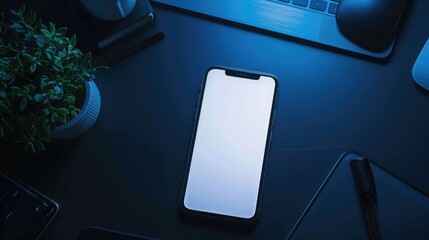 Wall Mural - Top view of modern workspace with laptop, smartphone and plant on dark table