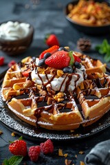 Wall Mural - Most Delicious Berries and Cream Waffle Breakfast Ever, Tasty Homemade Food Photography, Culinary Background, Gourmet Cooking Cookbook Concept Art, Restaurant Diner Cafe Brunch Menu Backdrop