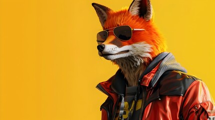 Wall Mural - Edgy Anthropomorphic Fox Man in Stylish Street Wear Outfit on Yellow Background