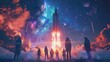 © nicole - Amazing Star Chasing Youth: Cyberpunk 3D Rocket Launch Scene with Teenagers Gazing at the Stars, Emphasizing Space Exploration
