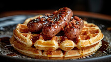 Wall Mural - Most Delicious Waffle Sausage Breakfast Ever, Tasty Homemade Food Photography, Culinary Background, Gourmet Cooking Cookbook Concept Art, Restaurant Diner Cafe Brunch Menu Backdrop