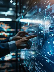 close-up of hands interacting with digital display, analyzing data, navigating virtual interface wit