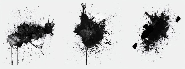 Set of three artistic black ink splatters on a white background, perfect for design elements and creative projects