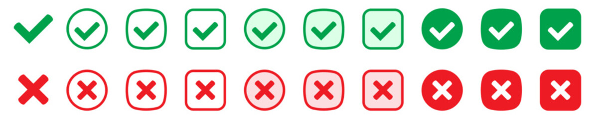 Wall Mural - Right or wrong icons. Green tick and red cross checkmarks. Yes or no symbol, approved or rejected icon for user interface.