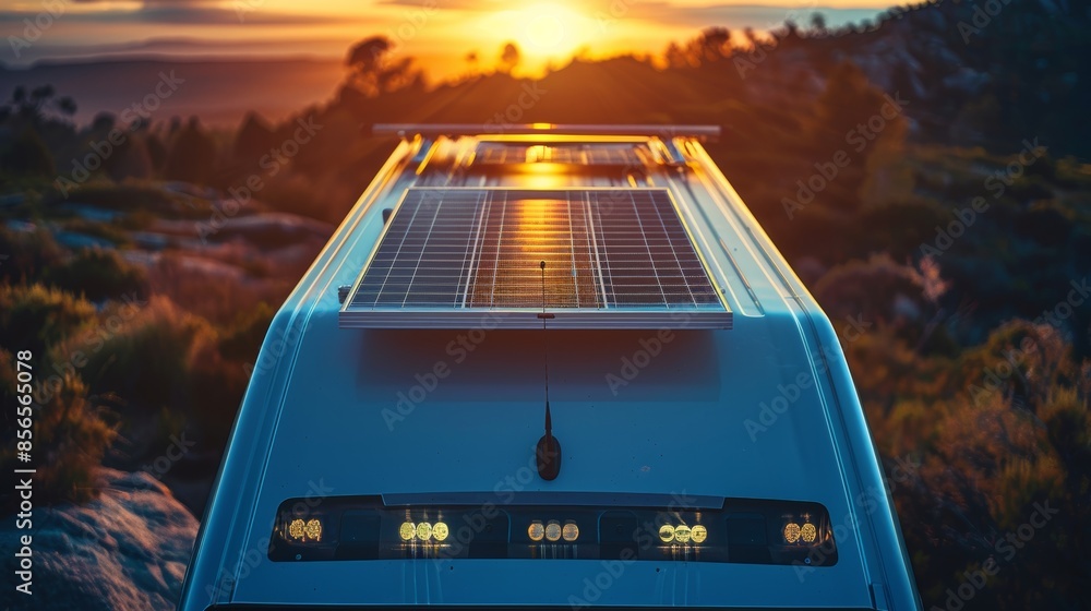 RV car with rooftop solar panels, on a journey, camping setup visible ...
