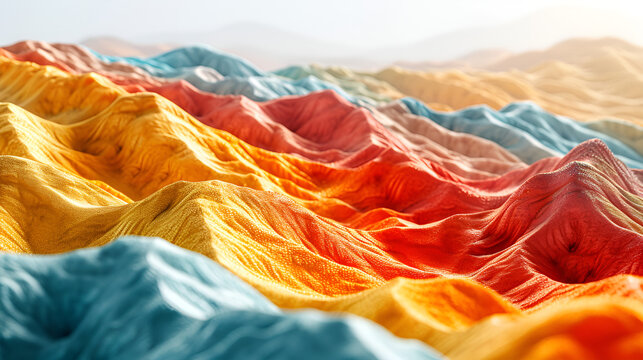 Scenic view of colorful mountains with a bright sun shining in the background.
