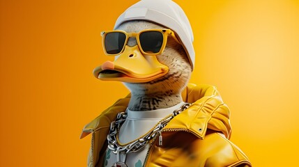 Wall Mural - Stylish Anthropomorphic Duck in Streetwear Outfit on Yellow Background