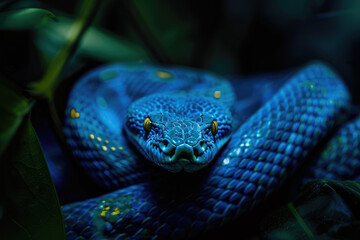 Wall Mural - dangerous snake with blue skin crawling in dark jungle in dark background