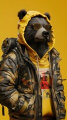 Wall Mural - Stylized Anthropomorphic Bear Man in Street Wear Outfits on Yellow Background