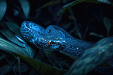 Wall Mural - dangerous snake with blue skin crawling in dark jungle in dark background