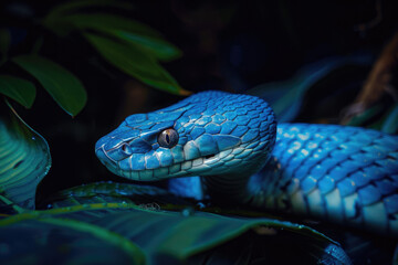 Wall Mural - dangerous snake with blue skin crawling in dark jungle in dark background