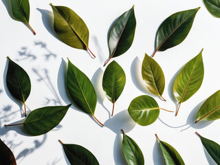 Wall Mural - creative layout of colorful palm leaves on a white background in the rays of the sun, with shadows. 
