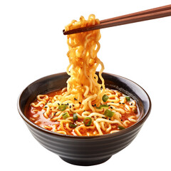 bowl of noodles with chopsticks isolated on transparent white background, clipping path