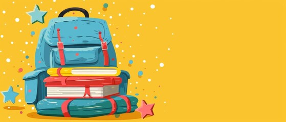 A blue backpack with stacked books on a yellow background with stars and confetti. Back to school.