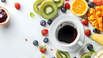 Wall Mural - Healthy Breakfast Spread with Fresh Fruits and Coffee on White Background