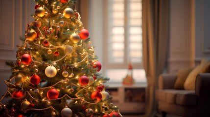 Poster - Christmas tree adorned with twinkling lights and colorful ornaments, standing proudly in a festive living room.
