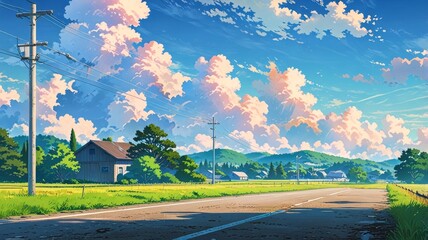 Wall Mural - Anime vibe village landscape. Very peaceful to watch. Clouds are beautiful.