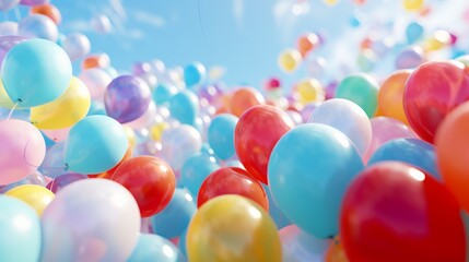 Aufkleber - close-up shot of colorful balloons floating upwards, creating a joyful party background. 