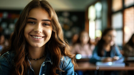 Wall Mural - portrait cheerful female of student in the classroom to convey the spirit study